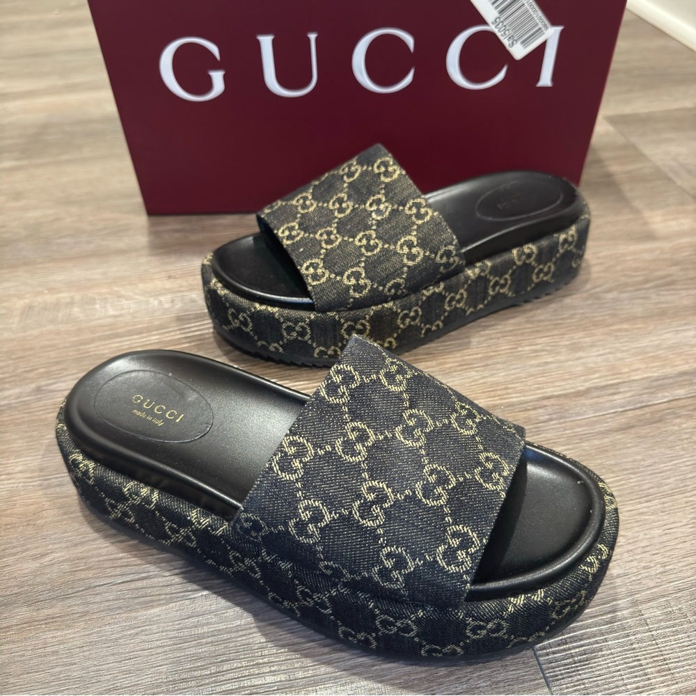 Gucci GG Monogram Canvas Denim Platform Slide Sandals - Picture 2 of 15